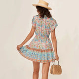 Pbong  Floral Boho Mini Dress Vintage Casual Summer Women Dress Flare Sleeve V-neck Button Front Ladies Chic Female Dress New