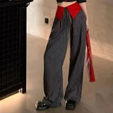 Pbong  Patchwork Stripe Straight-leg Pants for Women High Waist Casual Fashion Drawstring Trousers New Bottms
