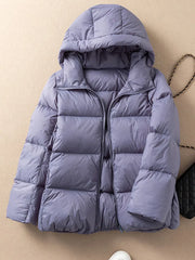 Winter New Light Hooded Warm Down Jacket Women 90% White Duck Down Soft Fit Coat Casual Bread Solid Color Short Outwear