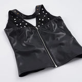 Y2k High Sreet Euramerican Fashion Spice Women Low V Neck Backless Tank Tops Punk Rivet Nail Design PU Leather Casual Camisole