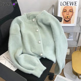 Korean Simple O-neck Single-breasted Imitation Mink Velvet Knitted Sweater Casual Loose Soft Pearl Buttons Cardigan Women