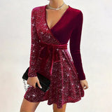 Pbong  Women's V-neck Sexy Long Sleeved Sequined Solid Color Dress High Street Fashion Elegant Party Evening Dresses