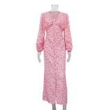 Pbong  Elegant Printed A Line Dresses for Women V Neck Puff Sleeve High Waist Patchwork Single Breasted Slit Dress Female