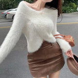 Fuzzy Knit Wrap Front Top Women Long Sleeve Criss-Cross Fluffy Sweater Fitted Crop Top Pullover Ladies Autumn Winter Y2K Outfit