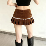 Pbong  Lace Splicing Corduroy Pleated Short Skirt Women's Low Waist Slim Fit Brown Casual Mini Skirt