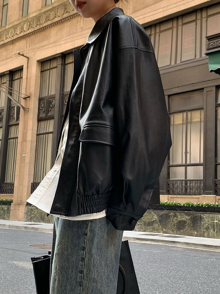 Vintage Women Pu Jacket Women High Street Techwear Oversize Faux Leather Moto Biker Coats Bf Punk Casual Cropped Outerwear