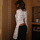 Pbong  Sexy Patchwork Lace T Shirt Slim Hollow Out Square Collar Long Sleeve Tees Women Autumn Spring Fashion Streetwear Ladies