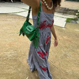 Pbong  Hit Color Embroidery Dresses for Women Square Sleeve Sleeveless High Waist Temperament Dress Female Style