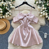 Elegant Sleeveless Vintage Butterfly Bow Sexy Off Shoulder Satin Slim A-line Straps Dresses Birthday Party High Street Clothing