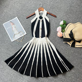 Pbong  Fashion Sexy Backless Halter Knitted Dress Women Elegant White and Black Patchwork Slim Waist Pleated Party Dress