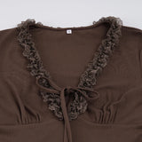 Pbong  V-neck Lace Patchwork Solid Color Skinny Long Sleeves T-shirts Women's Daily All Match Sexy Top Tees Fashion Basic New