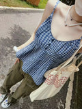 Casual Women Fashion Blue Front Buttons Plaid Printed Camis Summer Vintage Sleeveless Female Chic Tops