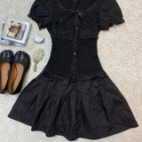 Y2k Harajuku Vintage Dark Gothic Slim 2 Piece Skirt Sets Bow Short Sleeve Blouse + Cake Mini Skirts 2000s Lolita Suits Summer