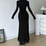 Black Slim Lace Spliced Knit Long Dress