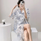 Pbong  Plaid Shirt Skirt Long Nightgown Spring Summer New Women's Sleepwear Homewear Elegant Cardigan Nightdress Lingerie Loungewear