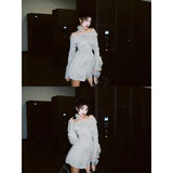Spring and Autumn French Style Pure Desire Wind One Shoulder Collar Waist Dress Striped Off Shoulder Shirt Short Dresses