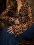 Leopard Print Lace-Up Blouse Shirts Women Semi-Sheer Mesh Elegant Fashion Sexy Flared Sleeve Ruffled Cardigan Tops