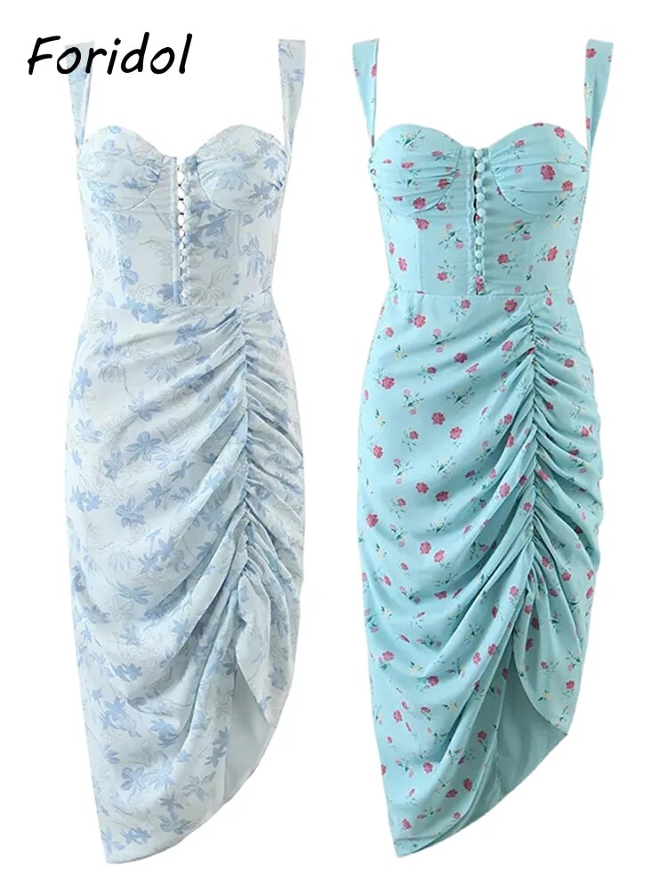 Foridol Side Ruched Button Up Vintage Boho Summer Dress Women Sleeveless Tank Slip Maxi Dress Blue Floral Chiffon Beach Dress