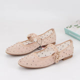 Pbong  Rhinestone Mesh Ballet Flats Women Shoes Summer Breathable Black Elegant Mary Janes Buckle Strap Casual Ladies Shoes Footwear