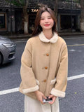 Women Faux Lamb Suede Jacket Winter Warm Long Sleeve Sweet Cotton Coat Korean Pockets Female Thick Vintage Outwear Tops