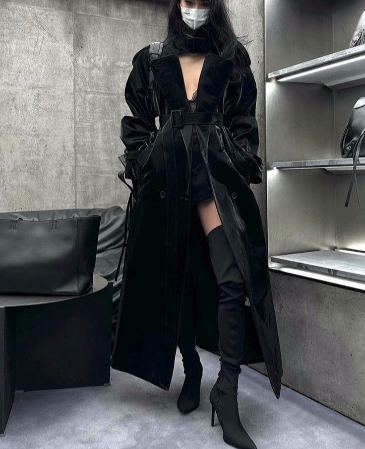 Spring Autumn Extra Long Oversized Cool Reflective Shiny Black Paten Leather Trench Coat for Women Belt Runway Fashion