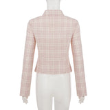 Pbong  Korean Fashion Pink Plaid Slimming Blouse Women Turn-Down Collar Long Sleeve Buttons Shirts Casual Woven Top Fashion New