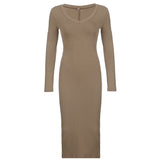 Khaki V-Neck Long-Sleeve Split Maxi Dress