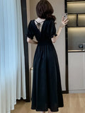 Women Black Puff Sleeve V-neck Casual Ruffled Long Dresses Summer Elegant Bodycon Female A-Line Mujers Clothes New