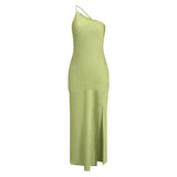 New Summer Fashion Backless Vacation Party Vestidos Satin Sexy Slim Slant Shoulder Solid Color Slit Casual Long Dress Vestidos