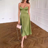 Elegant Strapless High Waist Evening Dress Green Slim Pleated Women's Long Dresses Sexy Hollow Sleeveless Cocktail Dress