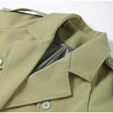 Elegant Grey Belt Long Faux Wollen Coat Women Lapel Double Breasted Street Coats Female 2025 Autumn Winter New Lady Peacoat