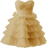 Pbong  Teen’s Short Tulle Homecoming Dress A Line Strapless Tiered Party Prom Dress Mini Cocktail Gowns for Women