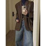 Retro Faux Woolen Blazer Coat Women Harajuku Long Sleeve Fall Winter Y2K Jacket Streetwear American Casual Lady Suit Coat