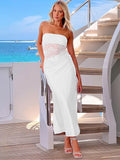 Lace Splice Strapless Dress For Women Hollow Sexy Sleeveless Backless Dress Pleated Elegant Slim Beach Vacation Dress