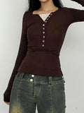 Contrast Lace Patchwork Ribbed Slim Basic Long Sleeve T Shirt Women Brown American Retro Spring Autumn Button Tees