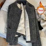 Winter Faux Woolen Gray Coat Women Vintage Thick Warm Long Sleeve Slim Jacket Casual O Neck Female Korean Elegant Retro Top