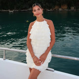 Stacked Decorative Sleeveless Halter Neck Short Dress New Fashion Chic Beige Party Dress Backless Vacation Summer Dresses