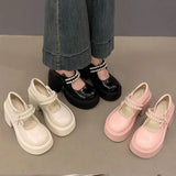 Pbong  Pink Thick Bottom Mary Jane Shoes Women Autumn New Sweet Pumps Fashion Pearl Retro Thick High Heel Loafers Women's Shoes