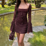 Elegant Brown Flare Sleeve Square Neck Dress