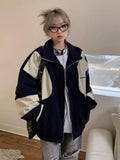 Vintage Bomber Jackets Women Korean Streetwear Color Block Patchwork Oversized Varsity Jacket College Spring Hippie Zip