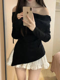 Autumn Winter Women Ballet Core Korean Suit JK Gyaru Coquette Outfits 2 Piece Set Slash Neck Knit Tops + Kpop Mini Lace Skirt