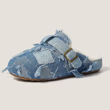 Pbong Fringe Tassel Denim Fleece Flats Shoes Women Winter Short Plush Jeans Patchwork Fashion Slippers Round Toe Warm Unisex Slidess