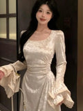 Autumn Elegant Velvet Midi Dresses For Women Lace Patchwork Flare Sleeve A-line Birthday Party Dress Vestidos Mujer New