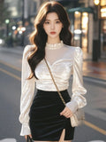Luxury Elegant Mesh Patchwork Long Sleeve T Shirt Women Velvet Turtleneck Basic Top Korean Casual Lady Office Tees 2024 New