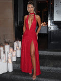 Glitter Deep V Neck Sexy Maxi Dress For Women Gown Fashion Sparkle Halter Sleeveless Backless Split Club Long Dress