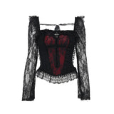 Mall Gothic Vintage Lace T-shirt Women Palace Style Sexy Cross Lace Patchwork Square Collar Flare Sleeve Crop Tee Tops