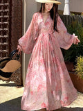 Women Autumn Floral Casual Beach Evening Party Long Dresses V Neck Vintage A-line Dress Korean Fashion Sweet Vestidos Mujer New