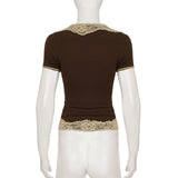 Pbong  Women's Vintage Style Short Sleeves T-shirts Slimming Brown V-Neck Lace Patchwork Casual Tops Summer All Match Clothes Fashion