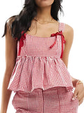 Y2k Red Gingham Tank Top Sleeveless Women Bow Tie Down Plaid Camisole Ruffle Hem Peplum Tops Summer Streetwear