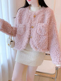 Pink Sweet Faux Lamb Coat Women Winter Warm Long Sleeve Chic Short Coat Korean Elegant Female O Neck Cute Thick Outwear New